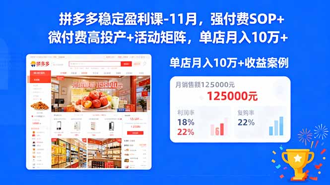 拼多多稳定盈利课-11月,强付费SOP+微付费高投产+活动矩阵,单店月入10万+-金小桐轻创业平台