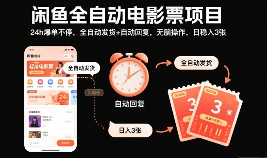 闲鱼全自动电影票项目，24h爆单不停，全自动发货+自动回复，无脑操作，日稳入3张【揭秘】-金小桐轻创业平台